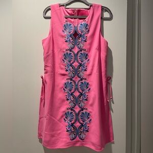 Lilly Pulitzer Cotton Candy Pink Romper with Blue embroidery, size 8